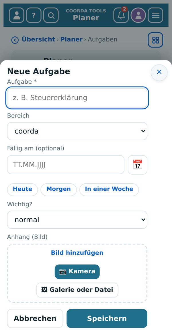 Formular für einen neuen Eintrag – hier eine Aufgabe