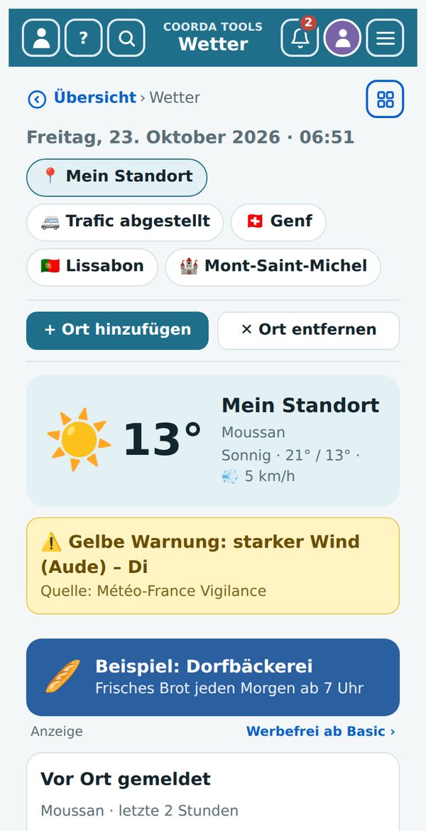 Wetter mit eigenen Orten, Unwetterwarnung und Meldungen vor Ort