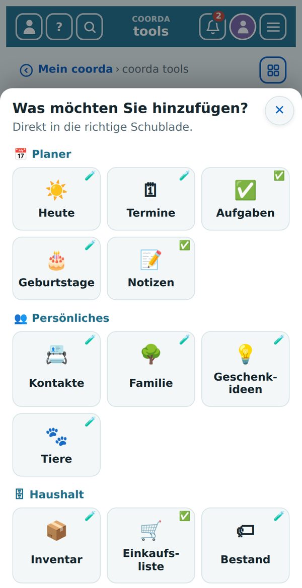 Der „+“-Knopf auf der Übersicht: alle Schubladen als Kacheln
