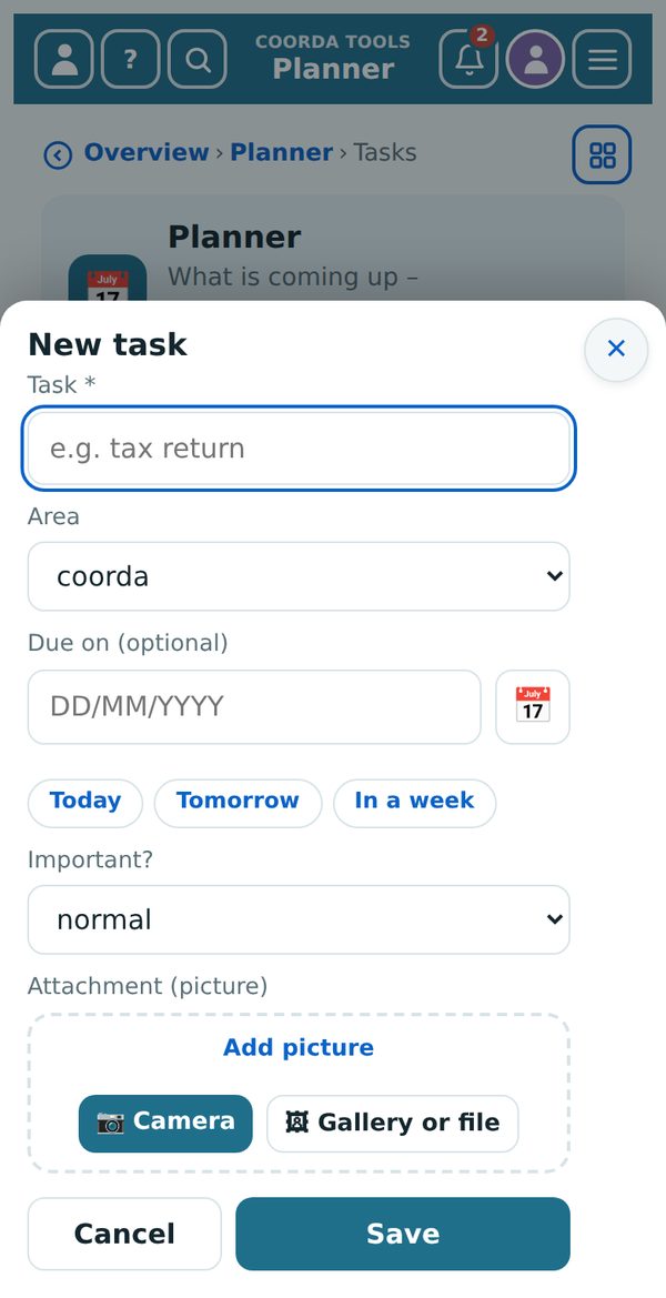 Form for a new entry – here a task