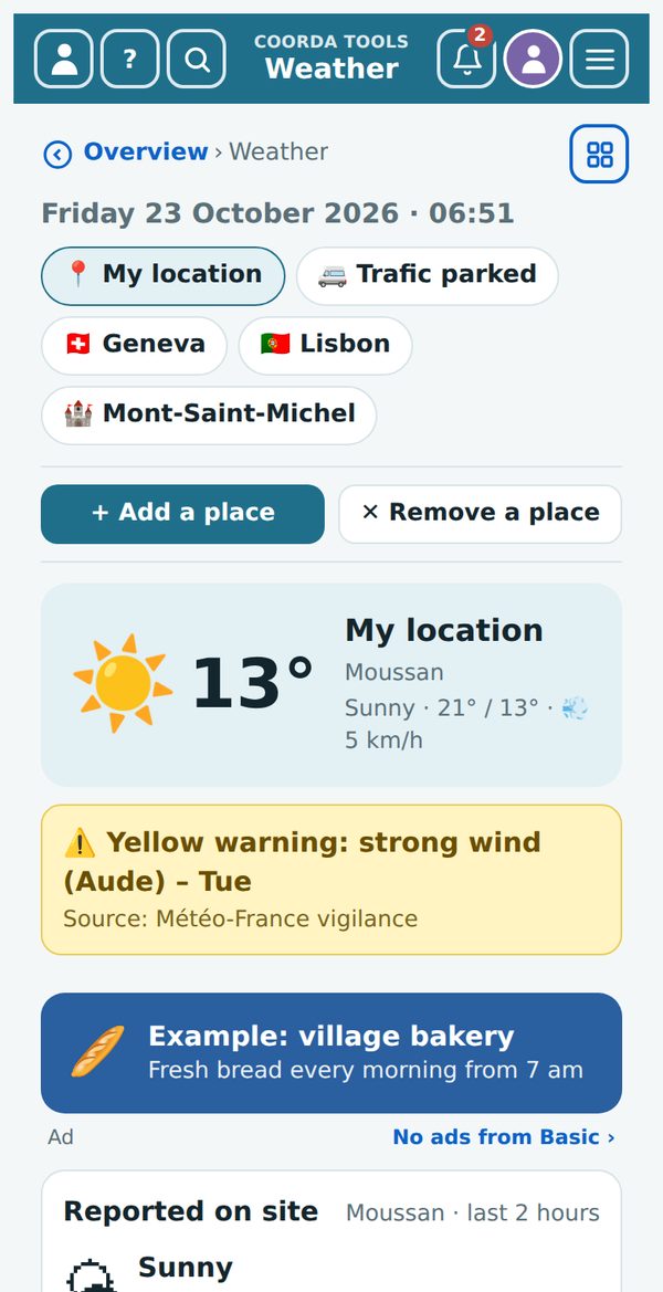 Weather with your own places, a severe-weather warning and reports from the spot
