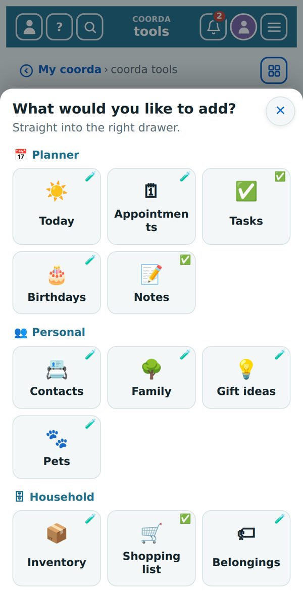 The “+” button on the overview: all drawers as tiles