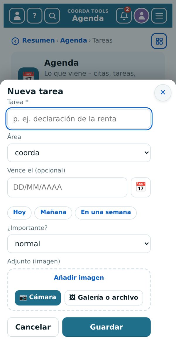 Formulario para una nueva entrada – aquí una tarea