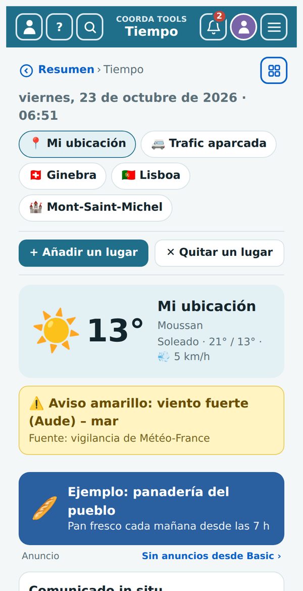 El tiempo con lugares propios, aviso de temporal y observaciones del lugar