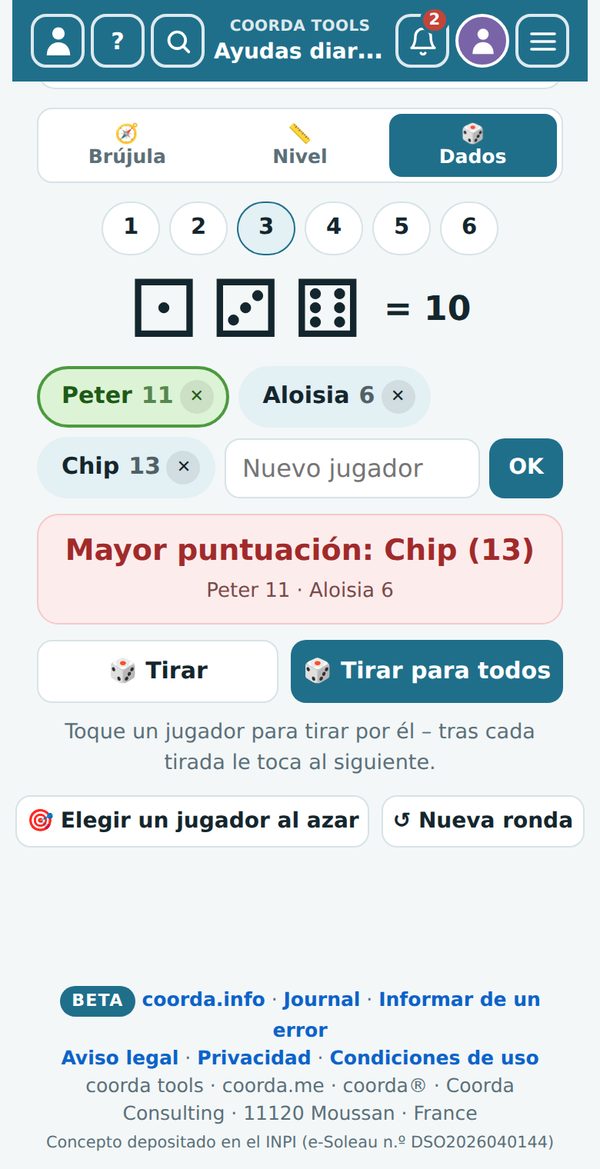 Ayudas diarias › Brújula y más › Dados con jugadores