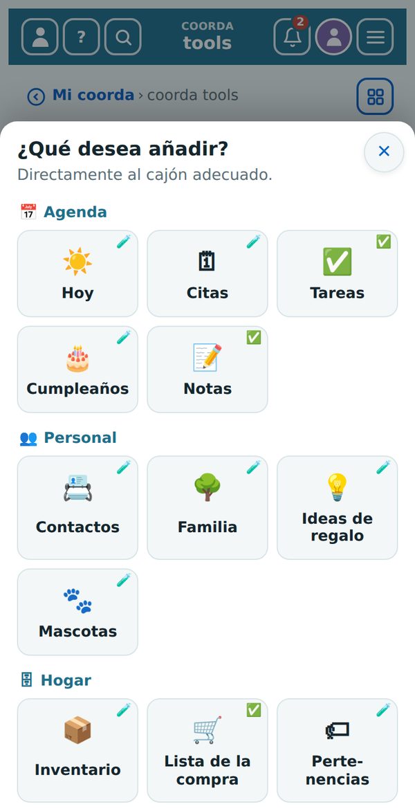 El botón «+» en el resumen: todos los cajones como mosaicos
