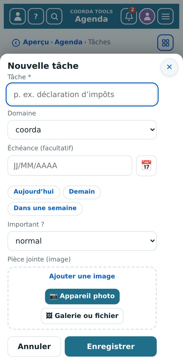 Formulaire pour une nouvelle entrée – ici une tâche