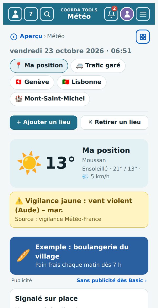 Météo avec vos propres lieux, alerte intempéries et observations sur place