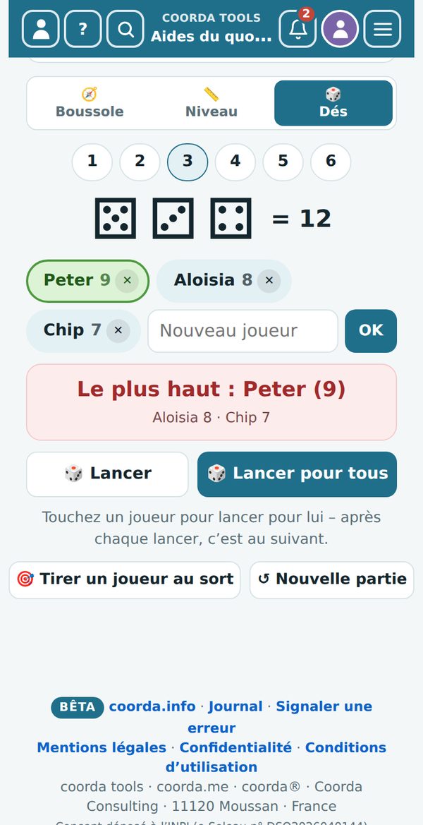 Aides du quotidien › Boussole & plus › Dés avec joueurs