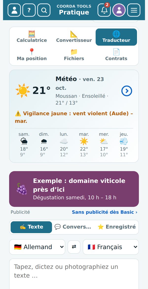 Pratique › Traducteur, au-dessus la tuile météo