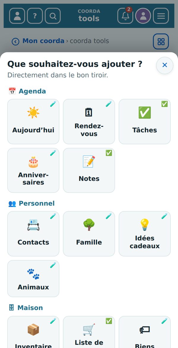 Le bouton « + » dans l’aperçu : tous les tiroirs en tuiles