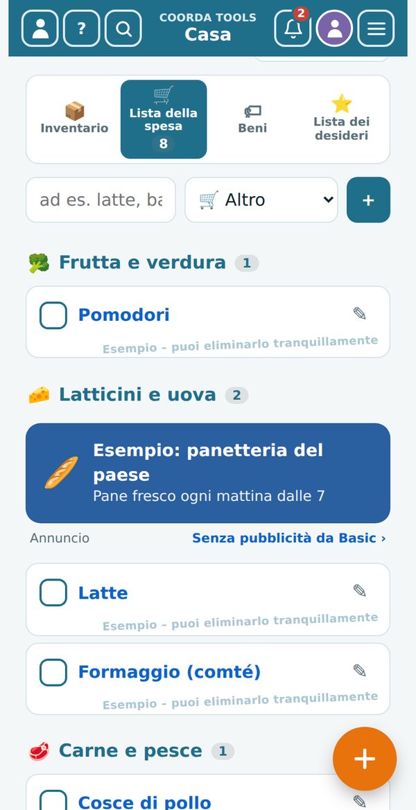 Casa › Lista della spesa, ordinata per reparti