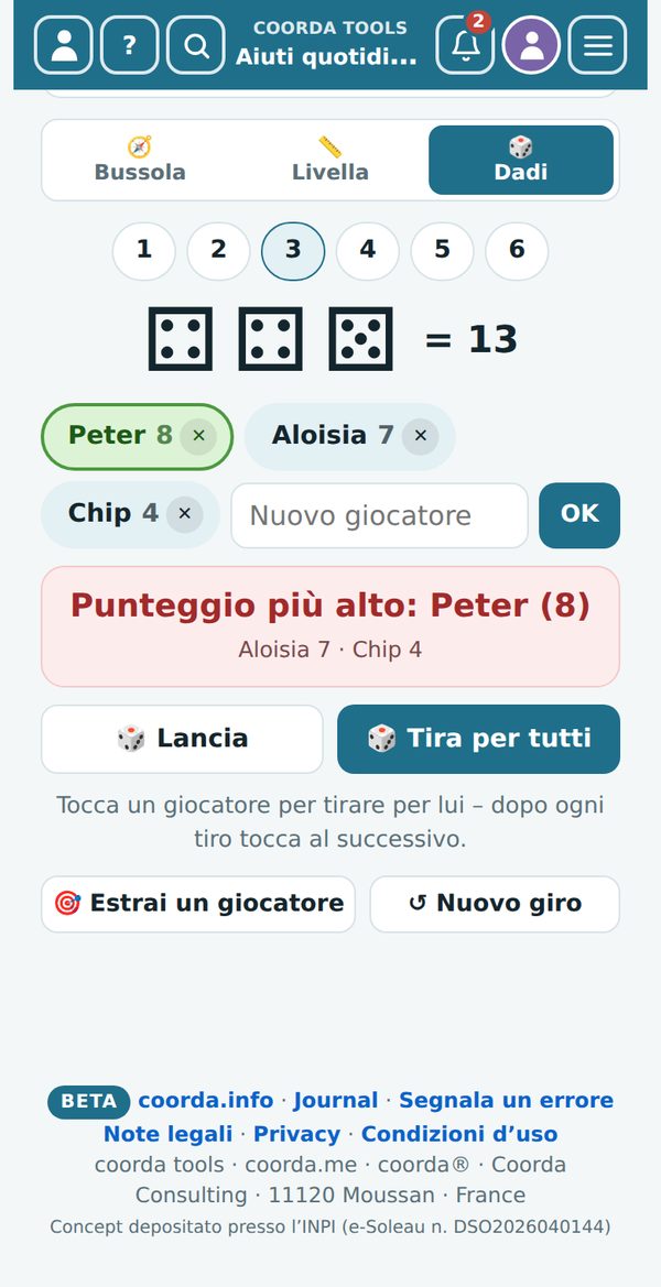 Aiuti quotidiani › Bussola e altro › Dadi con giocatori