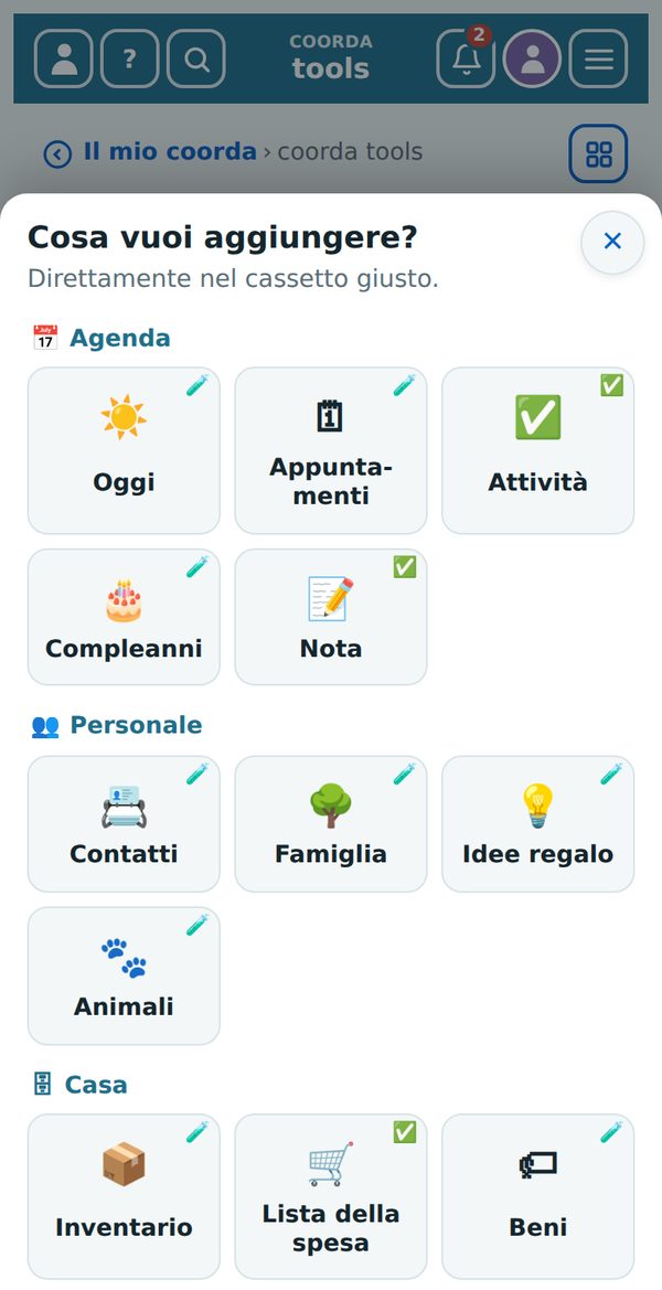 Il pulsante «+» nella panoramica: tutti i cassetti come riquadri