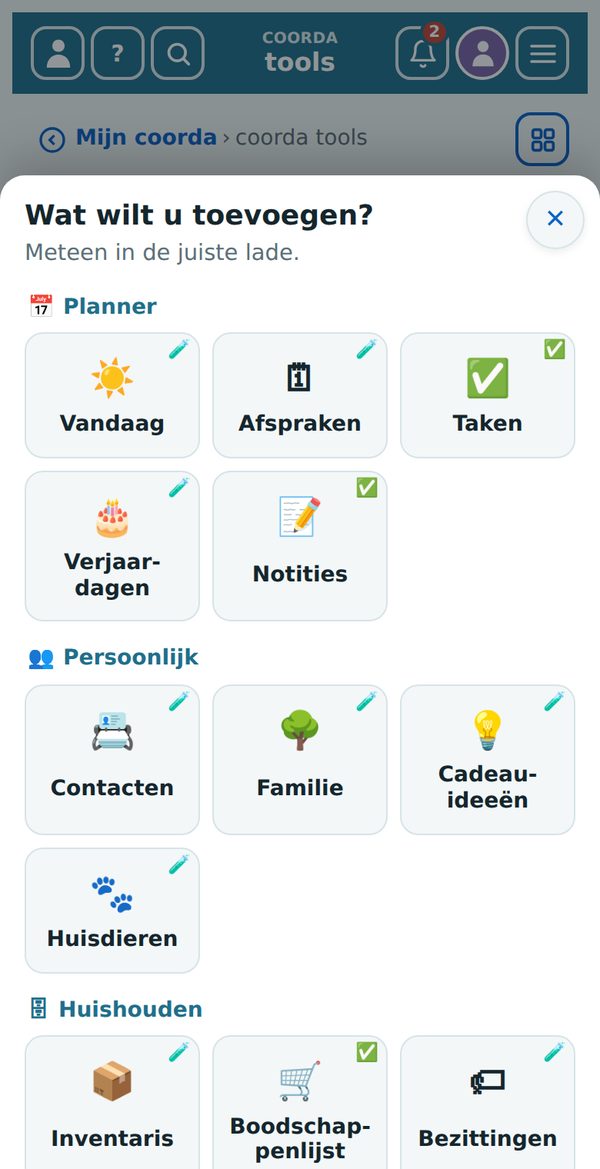De ‘+’-knop in het overzicht: alle laden als tegels