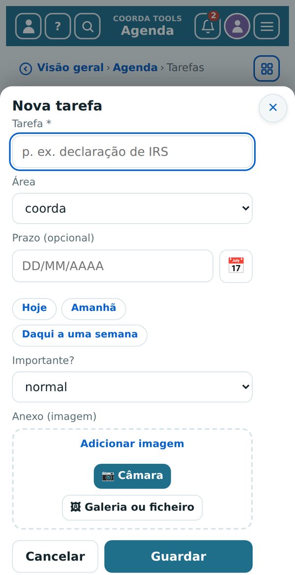 Formulário para uma nova entrada – aqui uma tarefa