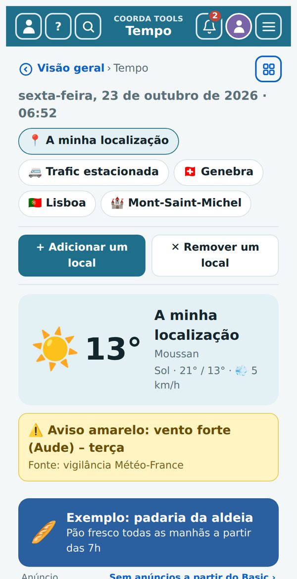 Tempo com locais próprios, aviso de mau tempo e observações no local