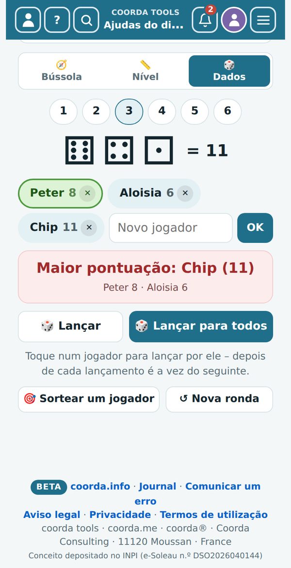 Ajudas do dia a dia › Bússola e mais › Dados com jogadores