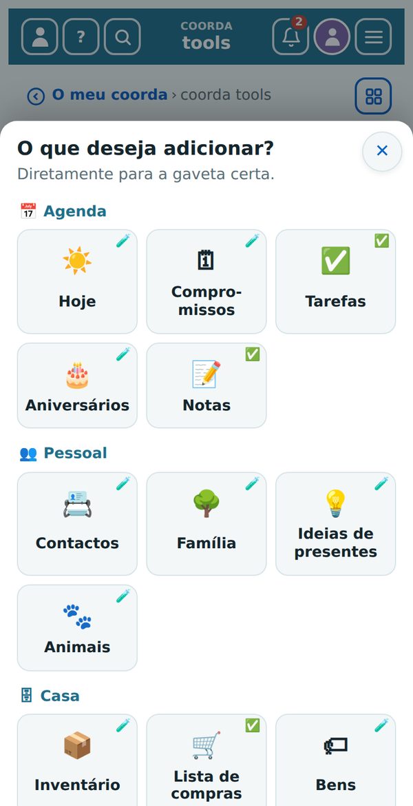 O botão «+» na visão geral: todas as gavetas em mosaicos